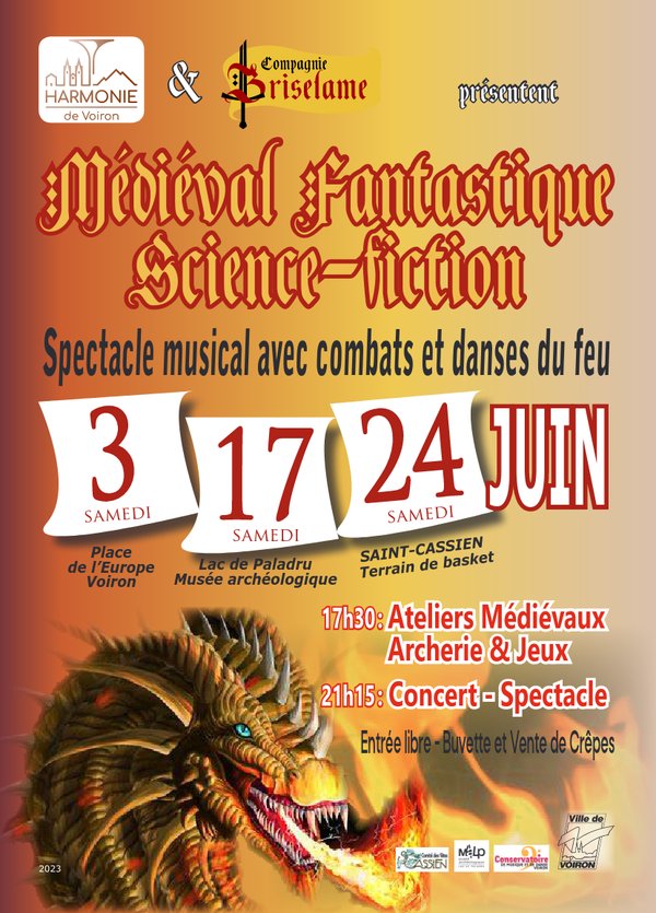 Spectacle musical avec artifices combats d'épées à 21h les samedi 3, 17 et 24 juin 2023 à Voiron, Paladru et Saint-Cassien